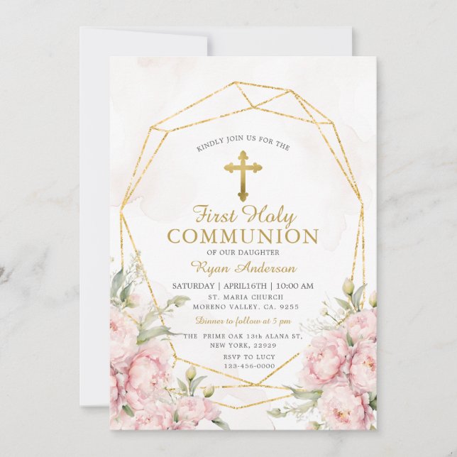 Geometric Roses First Holy Communion  Invitation (Front)