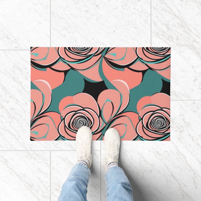 Geometric Roses In Shades Of Black And Teal  Doormat (Indoor)