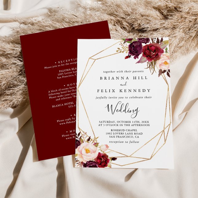 Geometric Rustic Boho Floral Front & Back Wedding Invitation (Creator Uploaded)