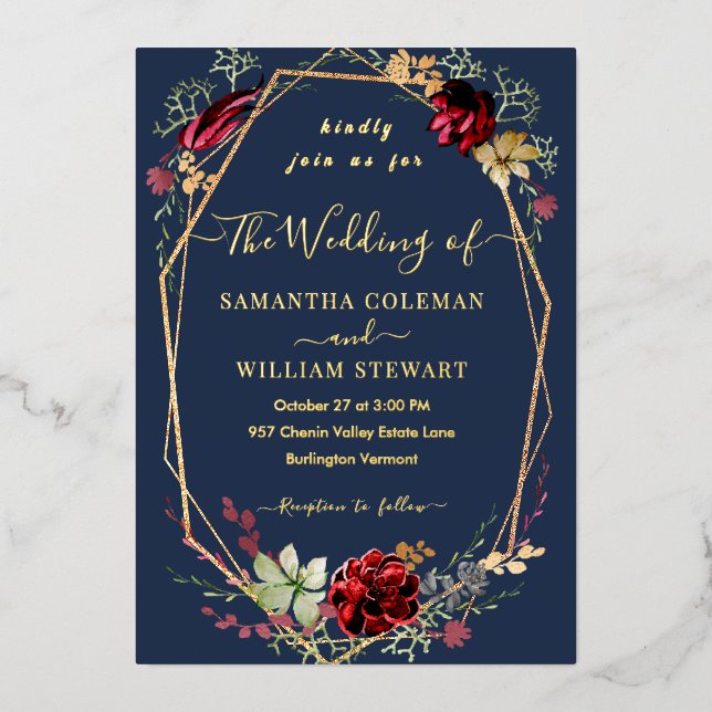 Geometric Rustic Boho Wildflower Navy Blue Wedding (Front)