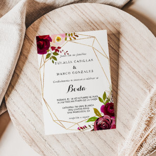 Geometric Rustic Burgundy Floral Spanish Wedding Invitation