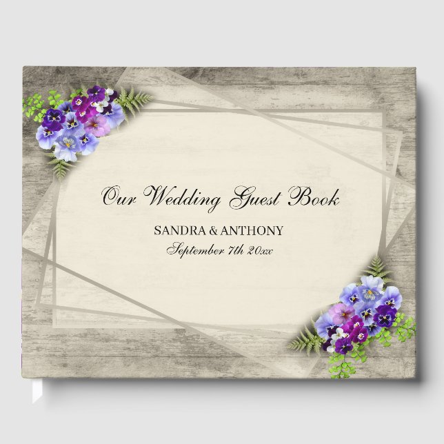 Geometric Rustic Elegant Blue Pansies Wedding Guest Book (Front)