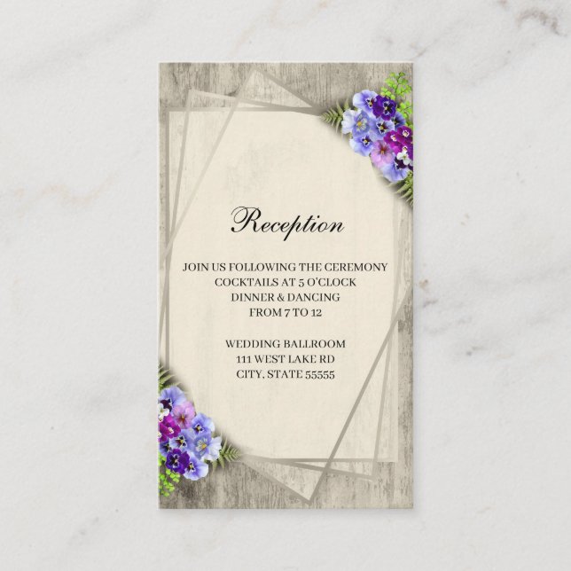 Geometric Rustic Elegant Pansies Wedding Reception Enclosure Card (Front)