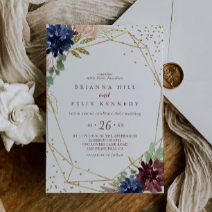 Geometric Rustic Gold Glitter and Floral Wedding Invitation