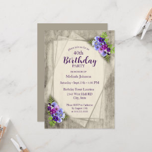 Geometric Rustic Pansies 40th Birthday Invitation