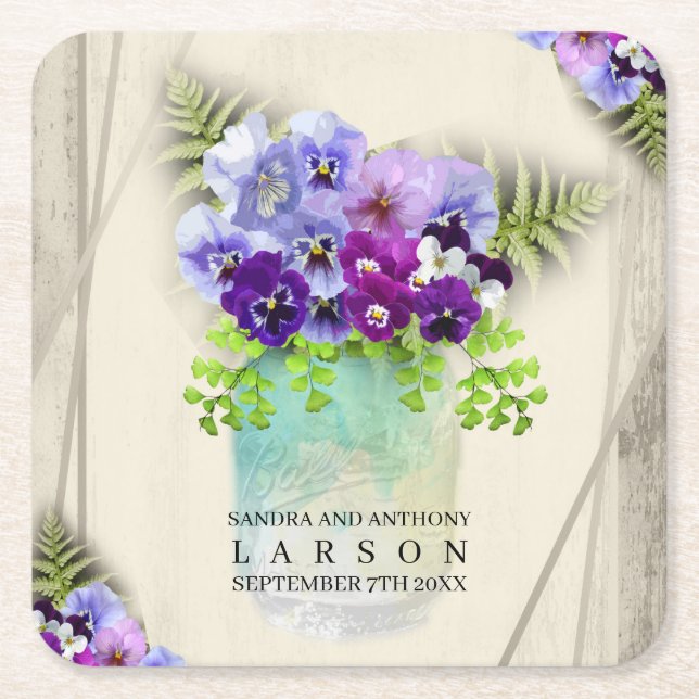 Geometric Rustic Pansies in Mason Jar Wedding Square Paper Coaster (Front)