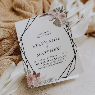 Geometric Rustic Rose Gold Floral Folded Wedding Program