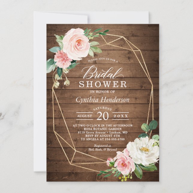 Geometric Rustic Wood Blush Floral Bridal Shower Invitation (Front)
