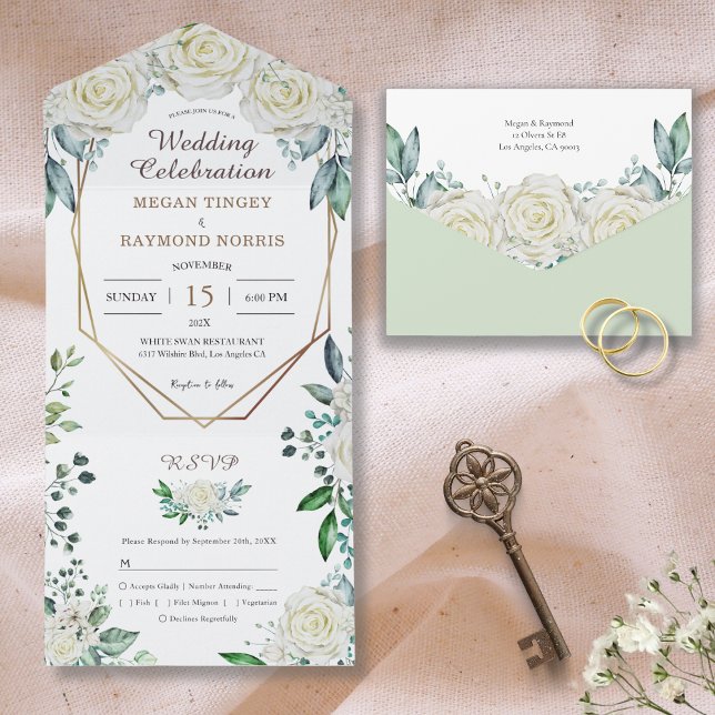 Geometric Sage Green Greenery & White Roses Rustic All In One Invitation (Creator Uploaded)