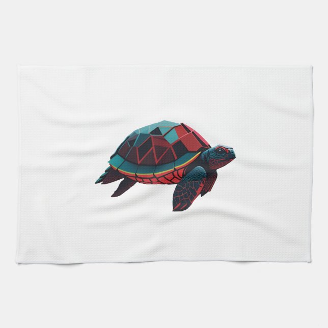 Geometric Sea Turtle Red Tea Towel (Horizontal)
