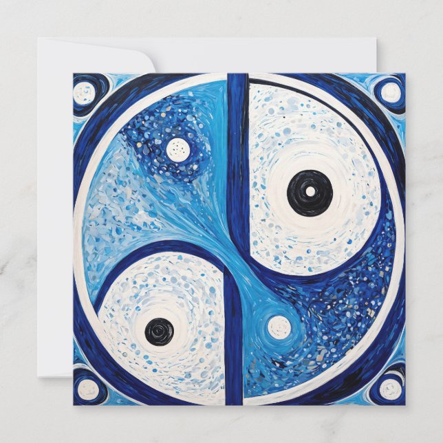 Geometric Serenity: Blue & White Yin Yang Holiday Card (Front)