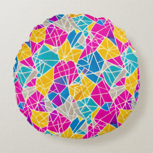 Geometric Shapes and Lines in Vibrant Colour Round Cushion