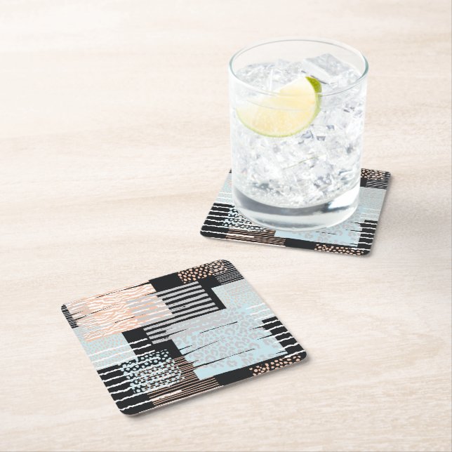 Geometric shapes and stripes square paper coaster (Insitu)