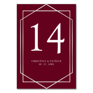Geometric Silver & Burgundy Wedding Table Number