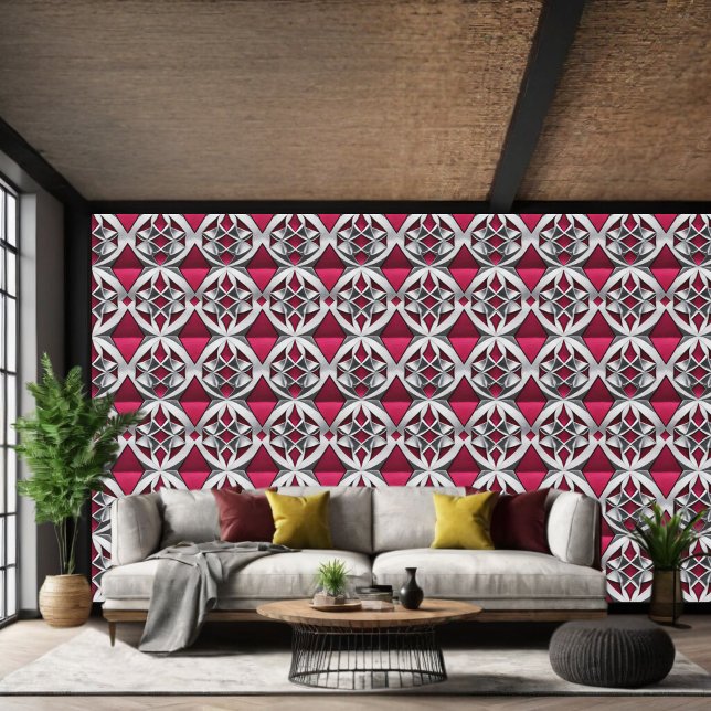 Geometric Silver Pattern on Ruby  Peel and Stick  Wallpaper (Creator Uploaded)