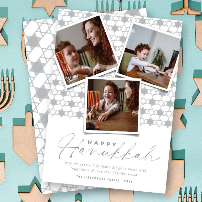 Geometric Silver Stars Of David Hanukkah 3 Photo Holiday Card (Creator Uploaded)