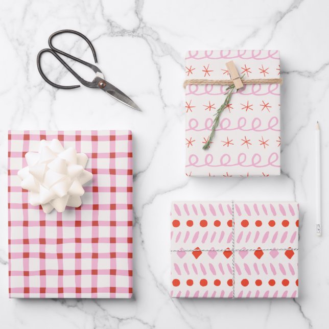Geometric Simple Red White Pink Gingham Christmas Wrapping Paper Sheet (Front)