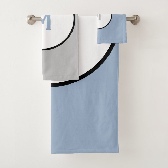 Geometric Slate Blue Silver White Black Monogram Bath Towel Set (Insitu)