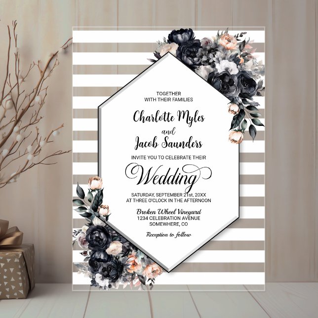 Geometric  Smoky Black Floral Acrylic Wedding Invitations (Creator Uploaded)