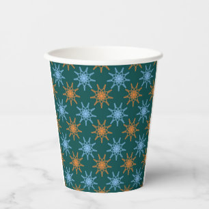 Geometric snowflake pattern in blue and orange paper cups