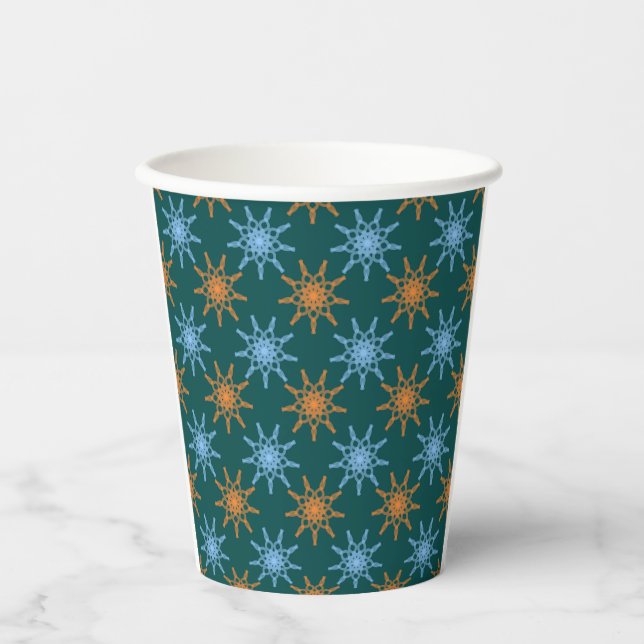Geometric snowflake pattern in blue and orange paper cups (Front)