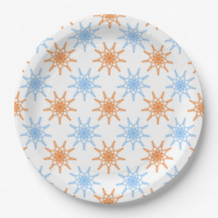 Geometric snowflake pattern in blue and orange paper plate