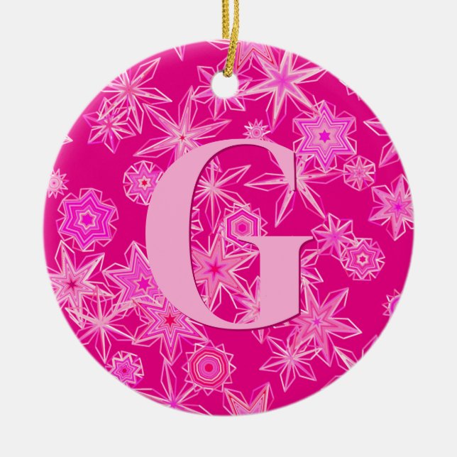 Geometric Snowflakes, Fuchsia Pink Personalised  Ceramic Ornament (Front)