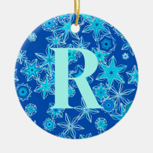 Geometric Snowflakes, Sapphire Blue Personalised  Ceramic Ornament