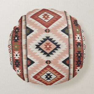 Geometric Southwestern Tribal Kilim in Terracotta Round Cushion