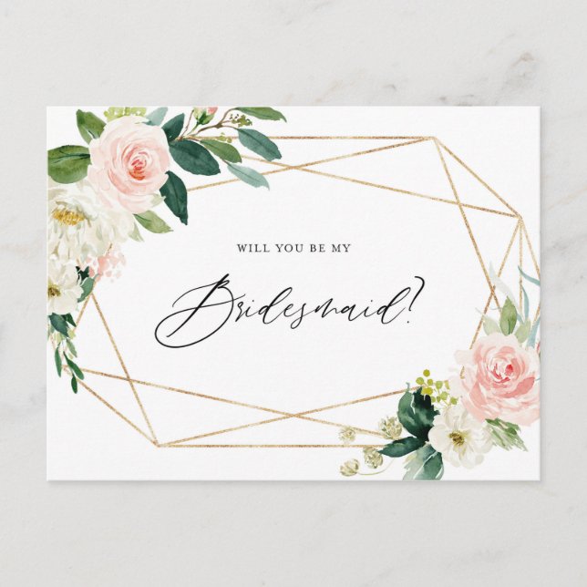 Geometric Spring Blooms Will You Be My Bridesmaid Invitation Postcard (Front)