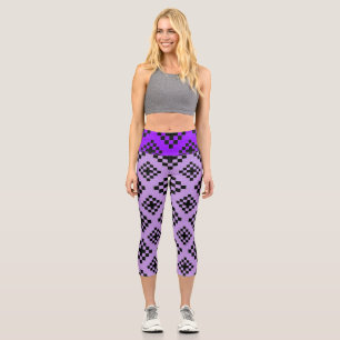 Geometric Square Pattern Mosaic Black and Purple Capri Leggings