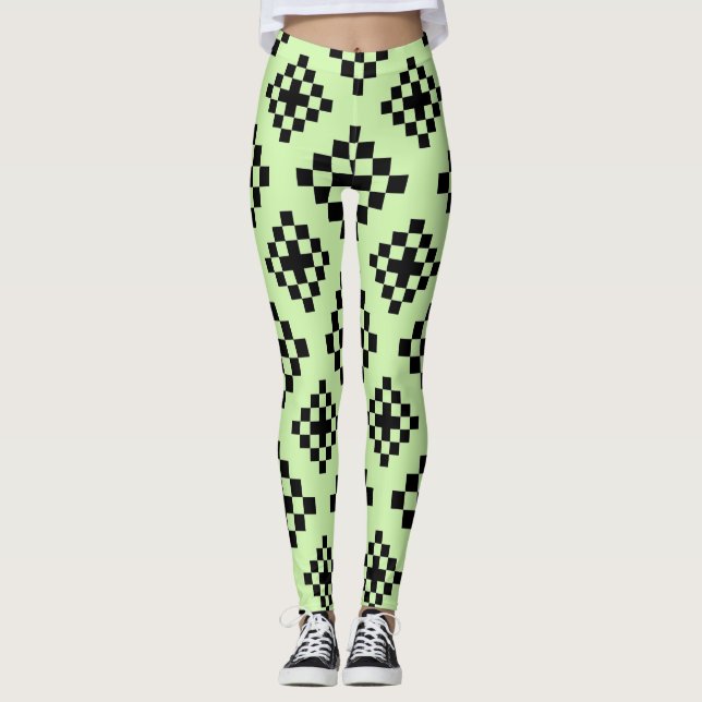 Geometric Square Pattern Mosaic Black and Yellow Leggings (Front)