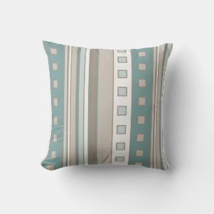 Geometric Squares and Stripes, Teal, Brown Seafoam Cushion