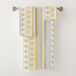 Geometric Squares and Stripes, Yellow, Grey, Cream Bath Towel Set