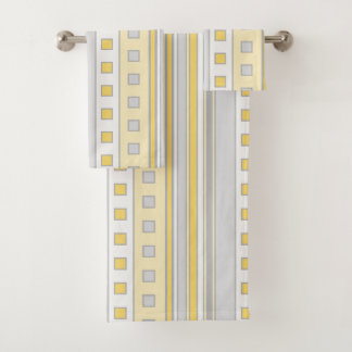 Geometric Squares and Stripes, Yellow, Grey, Cream Bath Towel Set