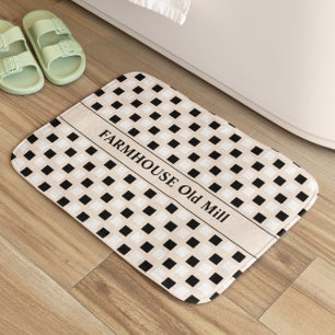 Geometric Squares Beige Black  Bath Mat