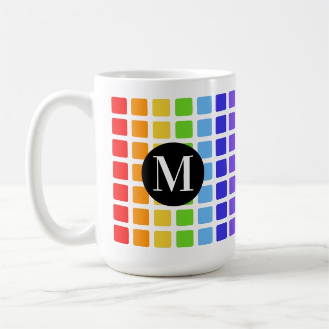 Geometric Squares Rainbow Colours Monogram 15 oz. Coffee Mug (Left)
