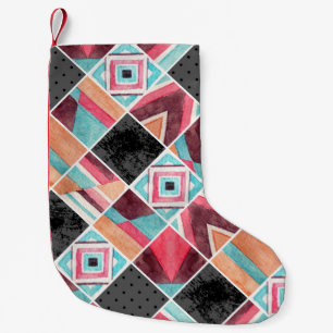 Geometric squares, watercolor patchwork small christmas stocking