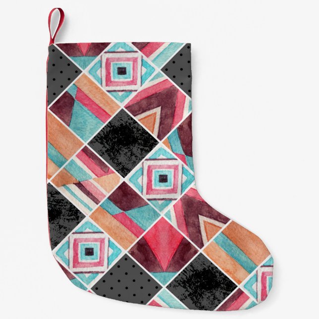 Geometric squares, watercolor patchwork small christmas stocking (Front)