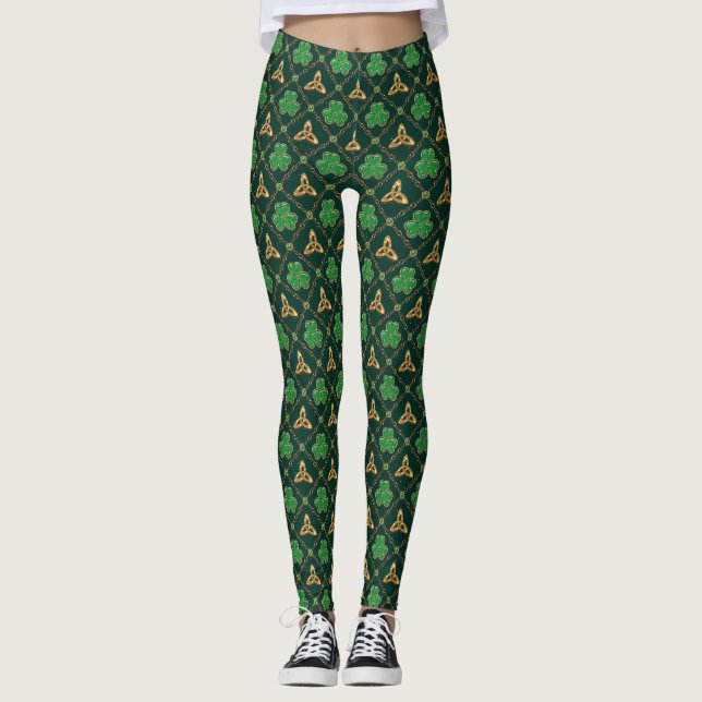 Geometric St Patricks day Celtic Triskele Shamrock Leggings (Front)