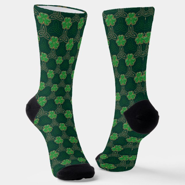 Geometric St Patricks day Celtic Triskele Shamrock Socks (Angled)
