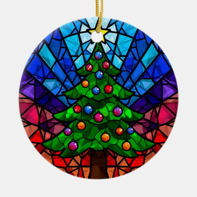 Geometric Stained Glass Christmas Tree Ceramic Ornament (Front)