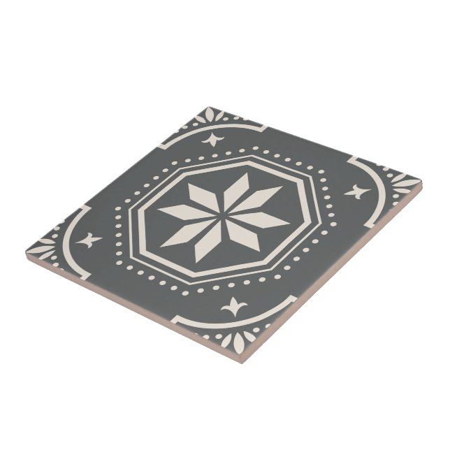 Geometric Star Pattern Decorative Black White Ceramic Tile (Side)
