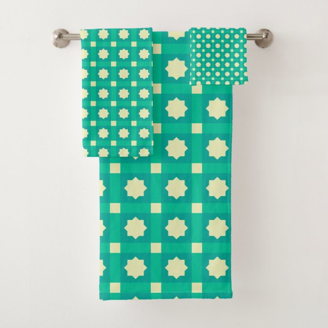 Geometric Star Pattern Wallpaper - Teal & Cream Bath Towel Set (Insitu)