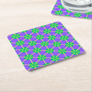 Geometric Starburst in Purple, Green and Yellow Square Paper Coaster