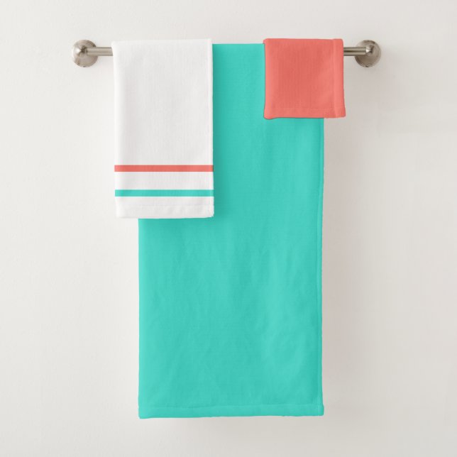 Geometric Stripes Coral Turquoise Bath Towel Set (Insitu)