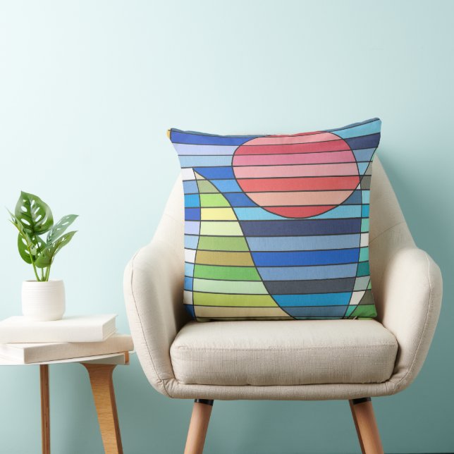Geometric Stripes with Red Circle and Green Curves Cushion (Chair)