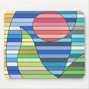 Geometric Stripes with Red Circle and Green Curves Mouse Pad