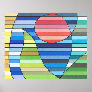 Geometric Stripes with Red Circle and Green Curves Poster