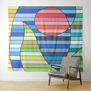 Geometric Stripes with Red Circle and Green Curves Tapestry